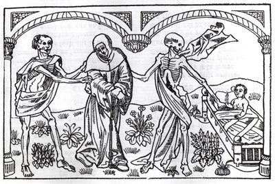 Death taking the Beggar and the Child, from the Danse Macabre, published Paris, 1485 by Guy Marchant